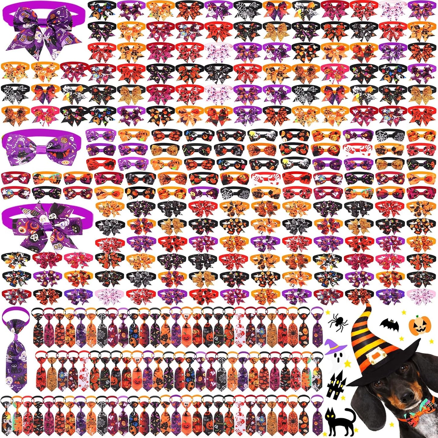 360 Pcs Halloween Dog Bow Ties Collars Set Adjustable Dog Neckties