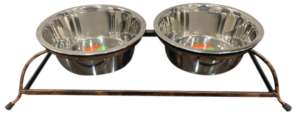 Bronze Finish Double Diner Pet Bowl – 1 Pint to 2 Quart | Raised Feeder for Dogs & Cats, Stylish & Durable Stand